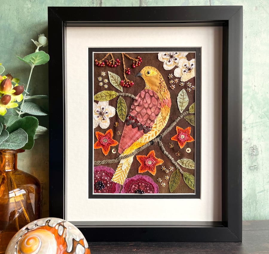Hand sewn textile picture of folk bird and flowers - gift for bird lover