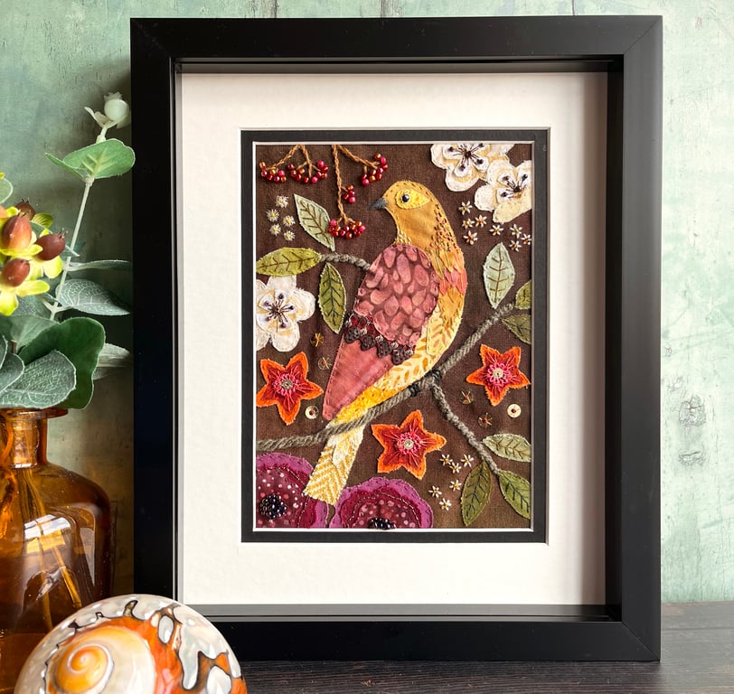 Textile folk bird picture, gift for bird lover, fabric collage, embroidered bird