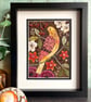 Hand sewn textile picture of folk bird and flowers - gift for bird lover - Image 1