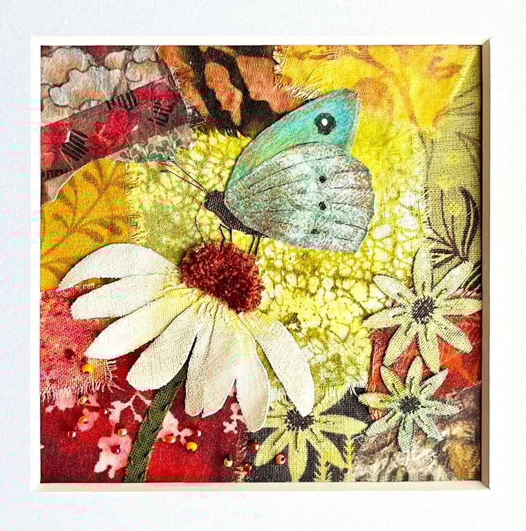 Butterfly picture, mixed media art, fabric collage, nature lover