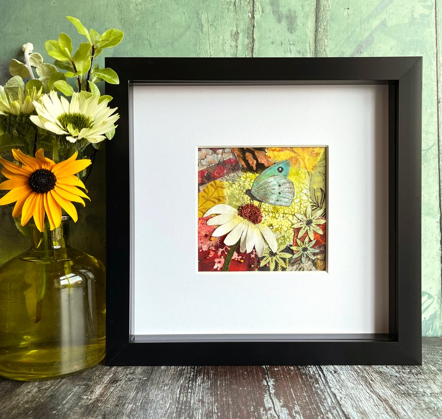 Butterfly picture, mixed media art, fabric collage, nature lover