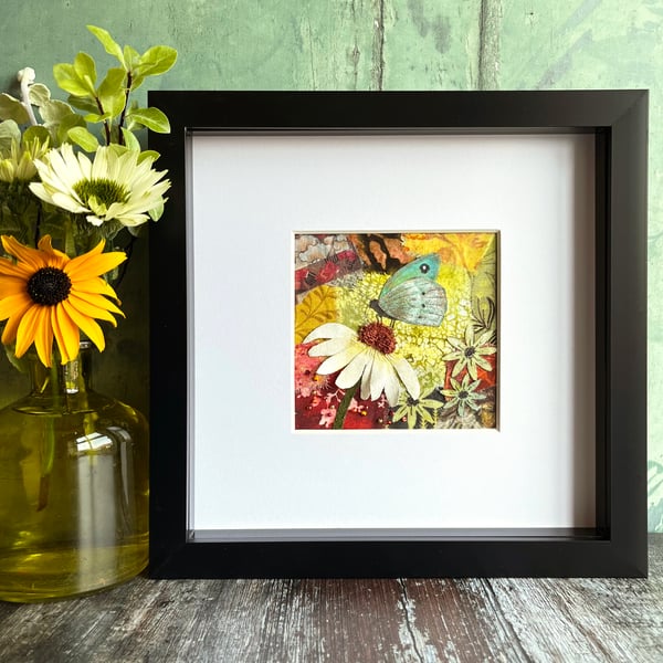 ON SALE: Butterfly picture, mixed media art, fabric collage, nature lover