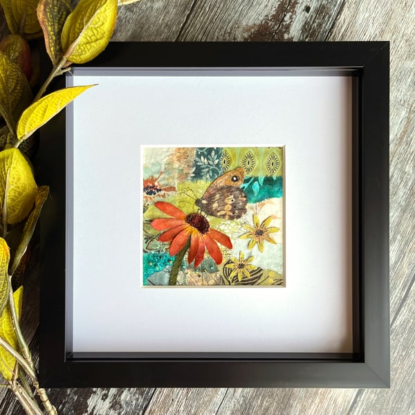 Textile collage, mixed media art, butterfly picture, nature lover