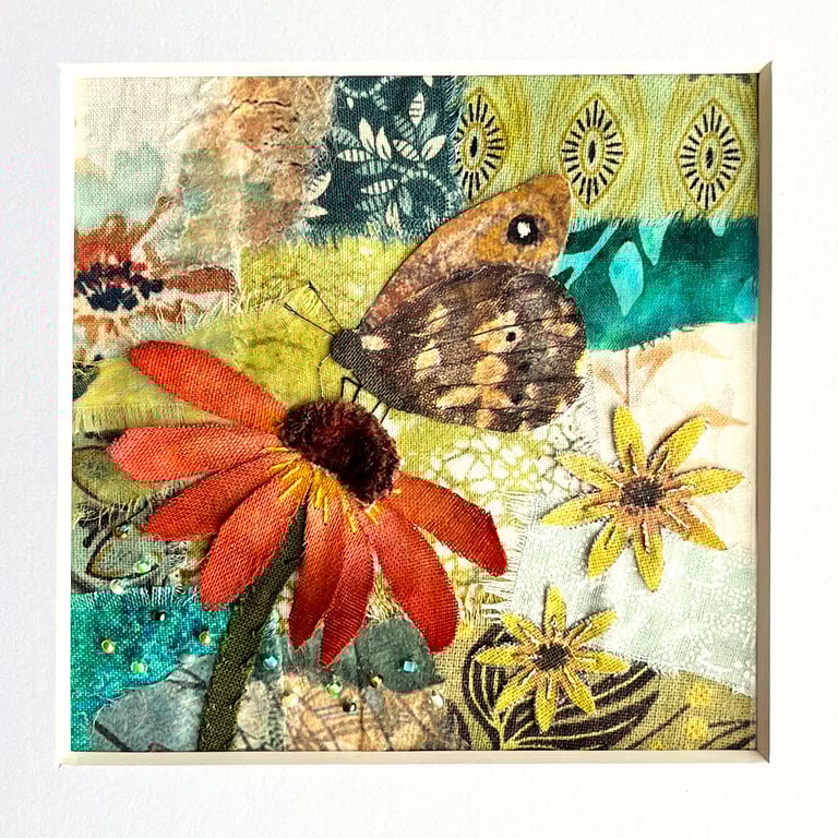Textile collage, mixed media art, butterfly picture, nature lover