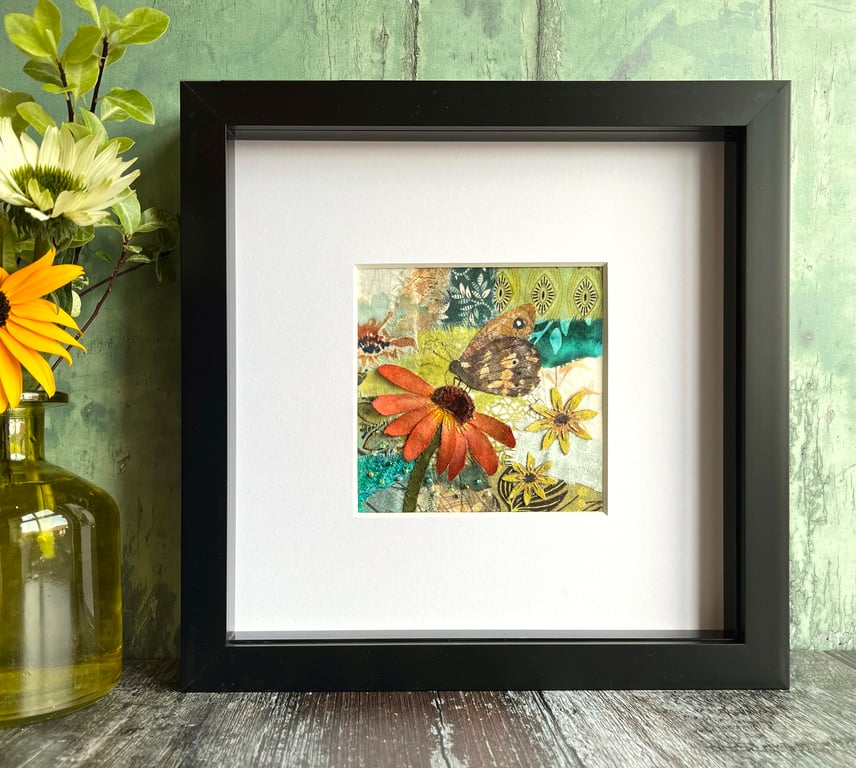 Textile collage, mixed media art, butterfly picture, nature 