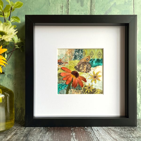 Textile collage, mixed media art, butterfly picture, nature 