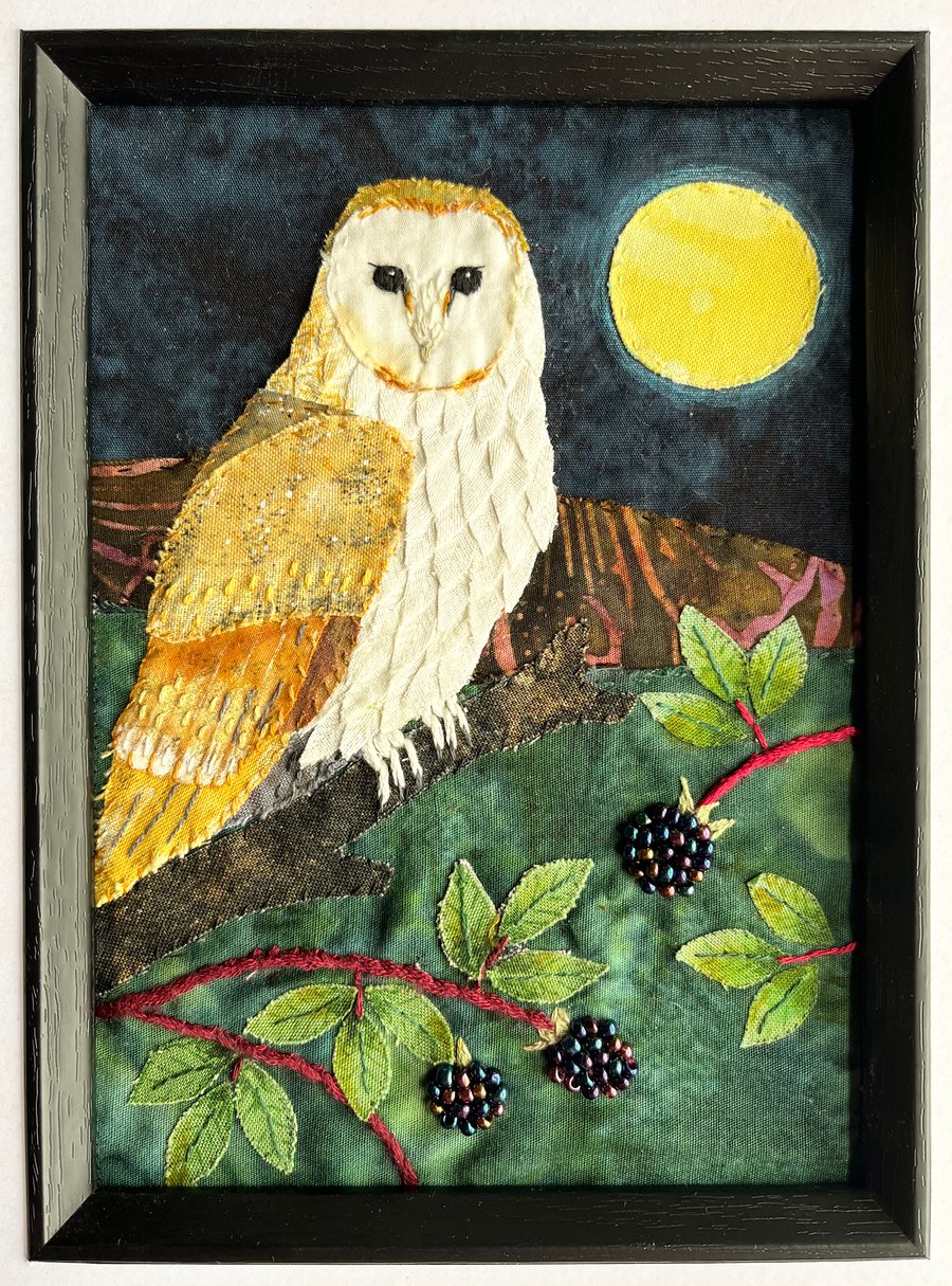 Owl textile art, gift for owl lover, handmade Christmas gift, owl art