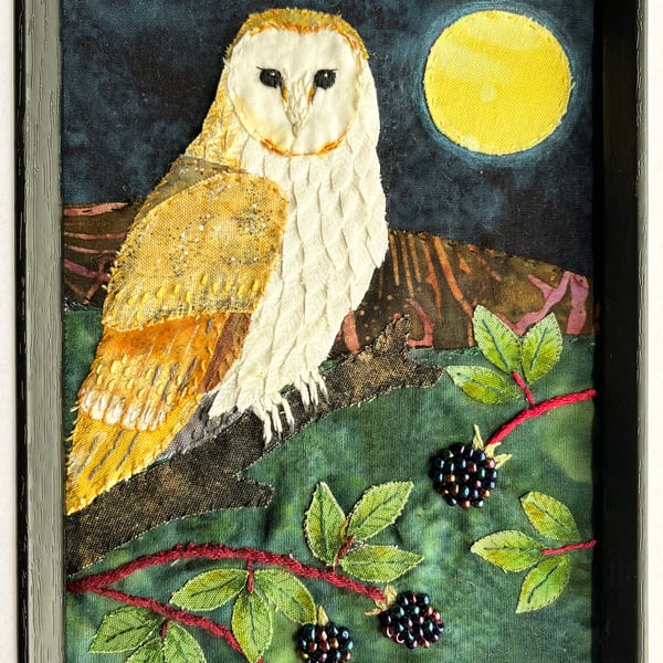 Owl textile art, gift for owl lover, handmade Christmas gift, owl art