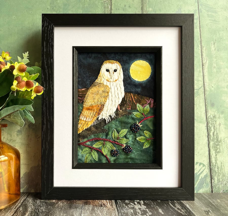 Owl textile art, gift for owl lover, hand sewn gift, owl art