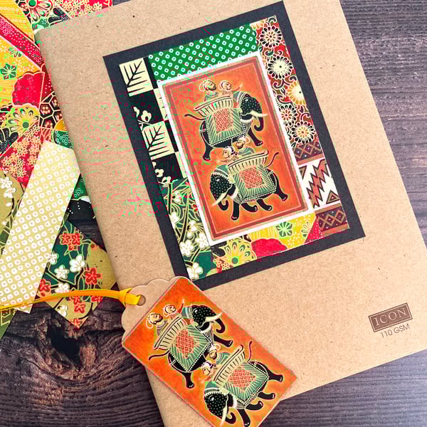 Decorated A5 sketchbook, Indian elephant, gift for artist or elephant lover