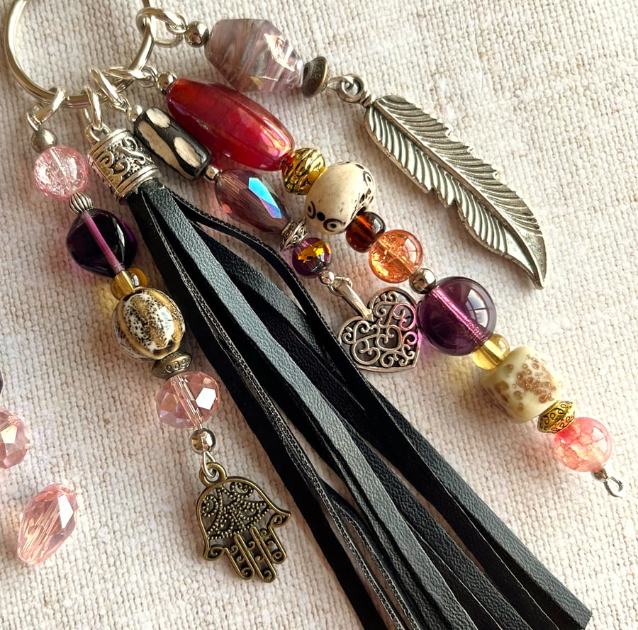 Boho bag charm, bead and tassel bag charm, handmade purse charm