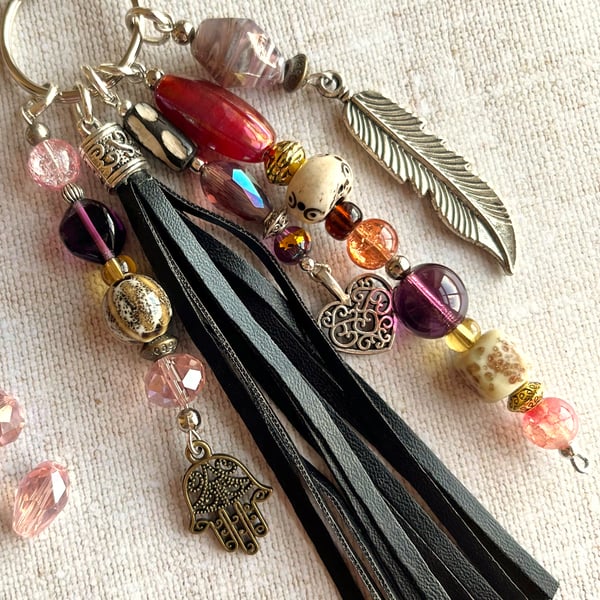 ON SALE: Boho bag charm, bead and tassel bag charm, handmade purse charm