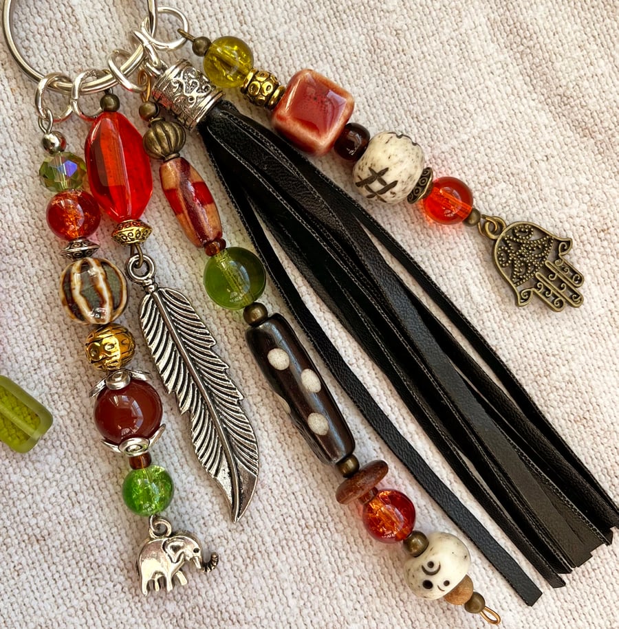 Boho bag charm, bead and tassel bag charm, handbag charm