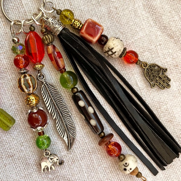 ON SALE: Boho bag charm, bead and tassel bag charm, handbag charm