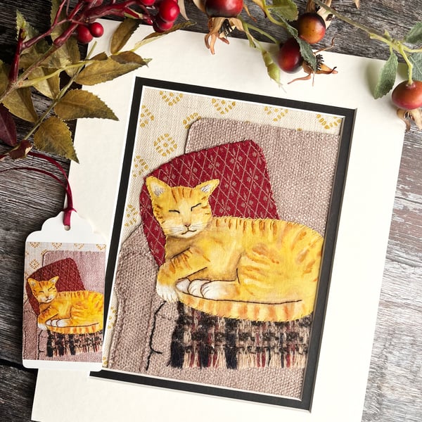 ON SALE: 'The chair thief' textile art, gift for cat lover, tabby cat