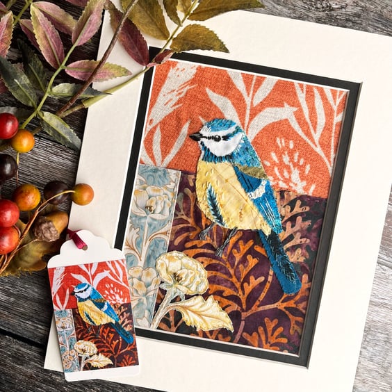 Textile bird picture, gift for bird lover, blue tit art, hand stitched