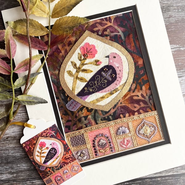 Folk bird textile picture, gift for bird lover, hand sewn, fabric bird artwork