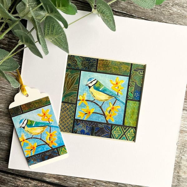 Painting of blue tit, bird artwork, gift for bird lover, original art