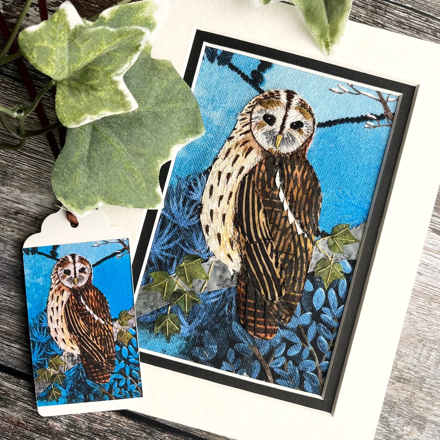 Tawny owl picture, textile owl, gift for bird lover, textile bird art