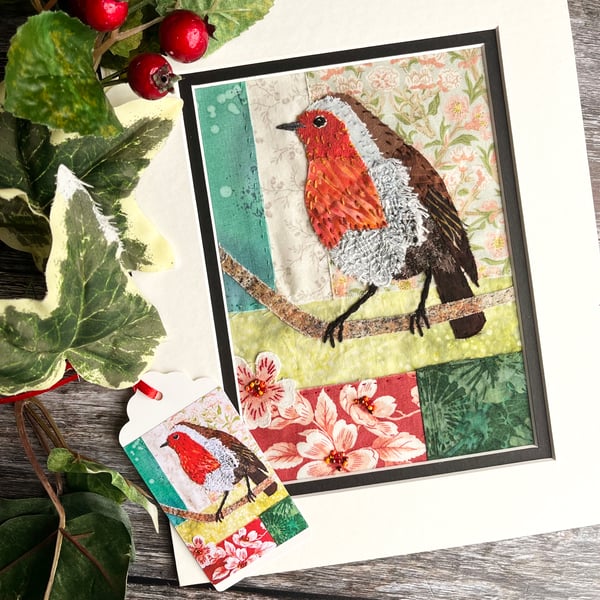 ON SALE: Textile bird picture, gift for bird lover, robin artwork, hand sewn