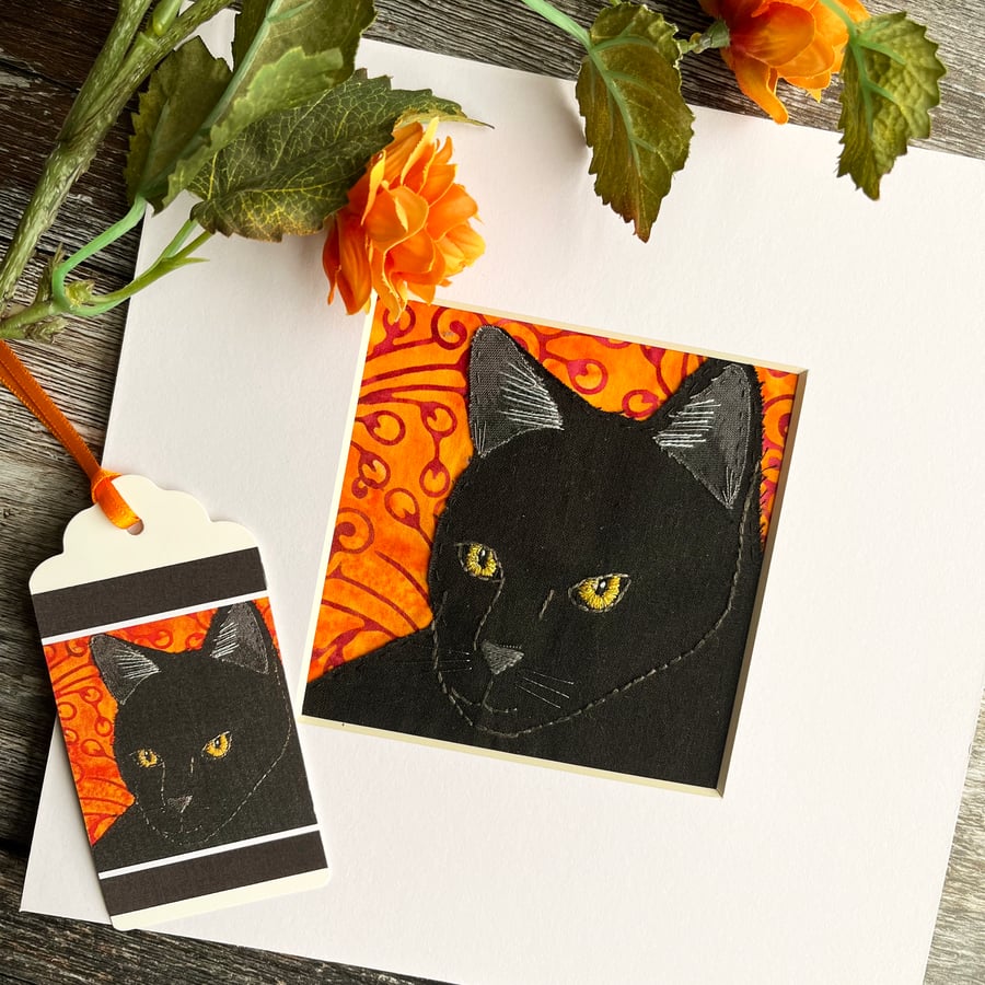 Textile picture of black cat with golden eyes, gift for cat lover, fabric cat