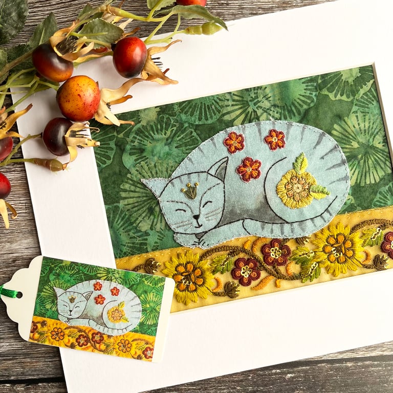 Textile cat, grey tabby cat, cat picture, gift for cat lover