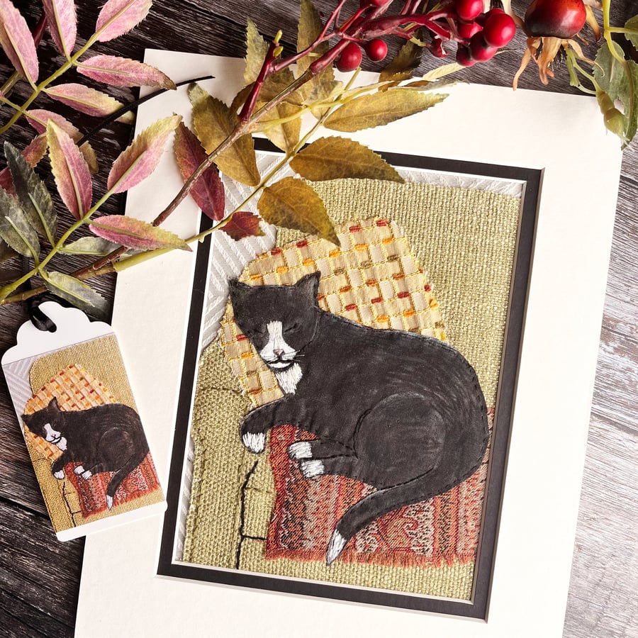 Black and white cat, textile art, cat picture, gift for cat lover