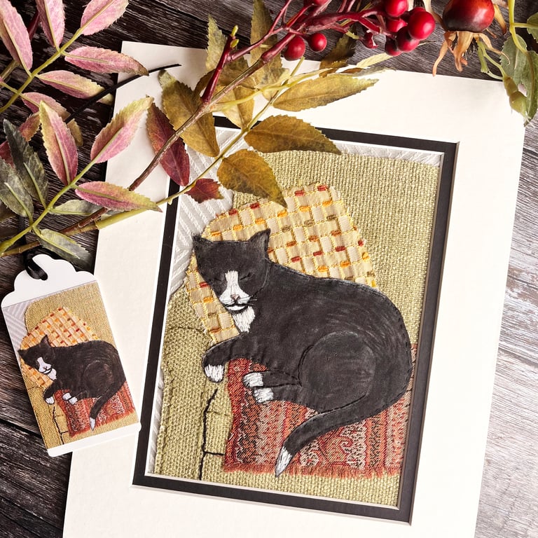 Black and white cat, textile art, cat picture, gift for cat lover