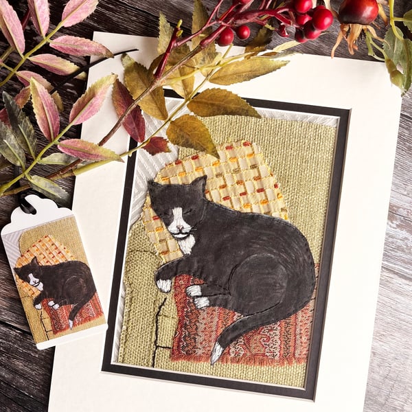 ON SALE: Black and white cat, textile art, cat picture, gift for cat lover