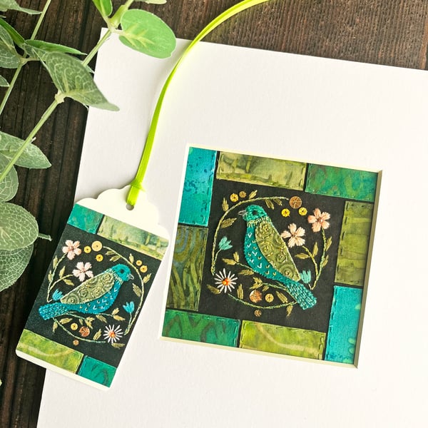 ON SALE: Textile picture of bird and flowers, hand embroidered art, hand sewn