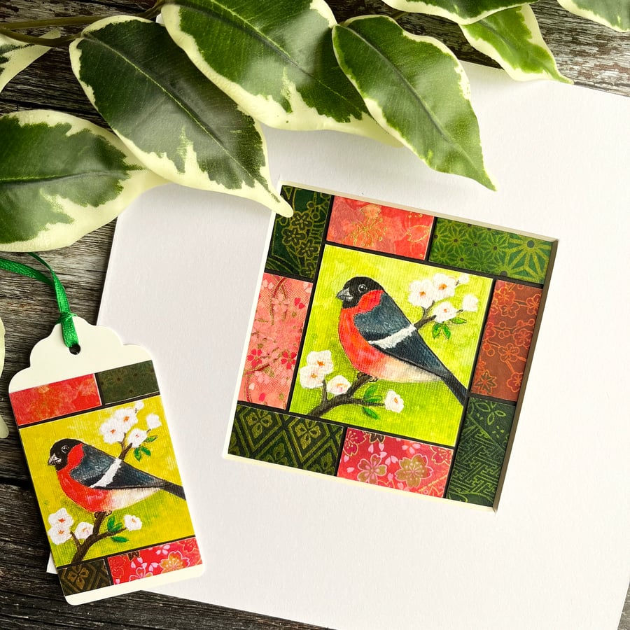 Painting of bullfinch, original bird art, bird lover, miniature painting