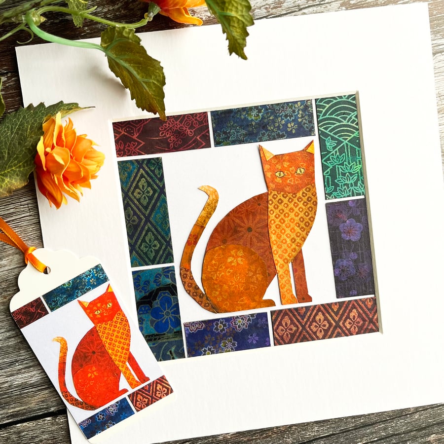 Ginger cat with golden eyes, gift for cat lover, cat art paper collage, cat gift