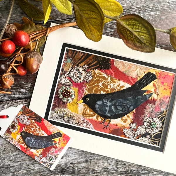 Mixed media blackbird picture, gift for bird lover, textile and paper collage