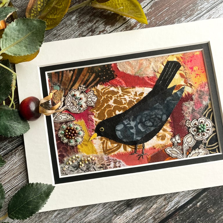 Mixed media blackbird picture, gift for bird lover, textile and paper collage