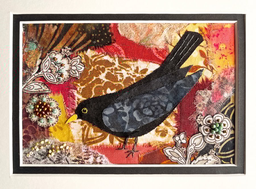 Mixed media blackbird picture, gift for bird lover, textile and paper collage