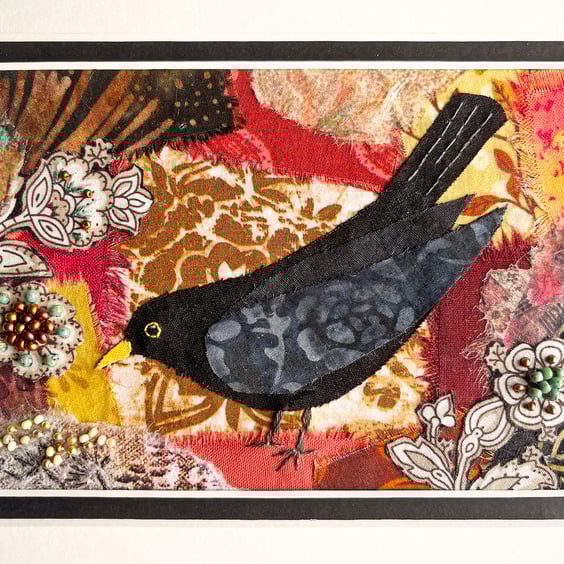 Mixed media blackbird picture, gift for bird lover, textile and paper collage