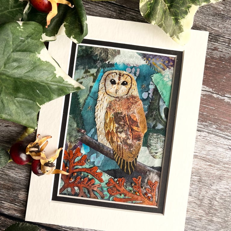 Mixed media tawny owl picture, gift for owl lover, textile and paper collage