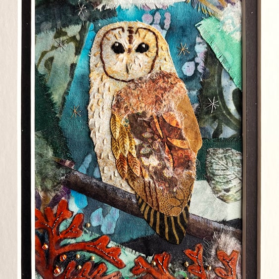 Mixed media tawny owl picture, gift for owl lover, textile and paper collage