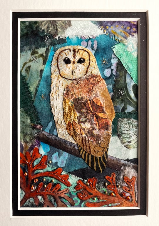 Mixed media tawny owl picture, gift for owl lover, textile and paper collage