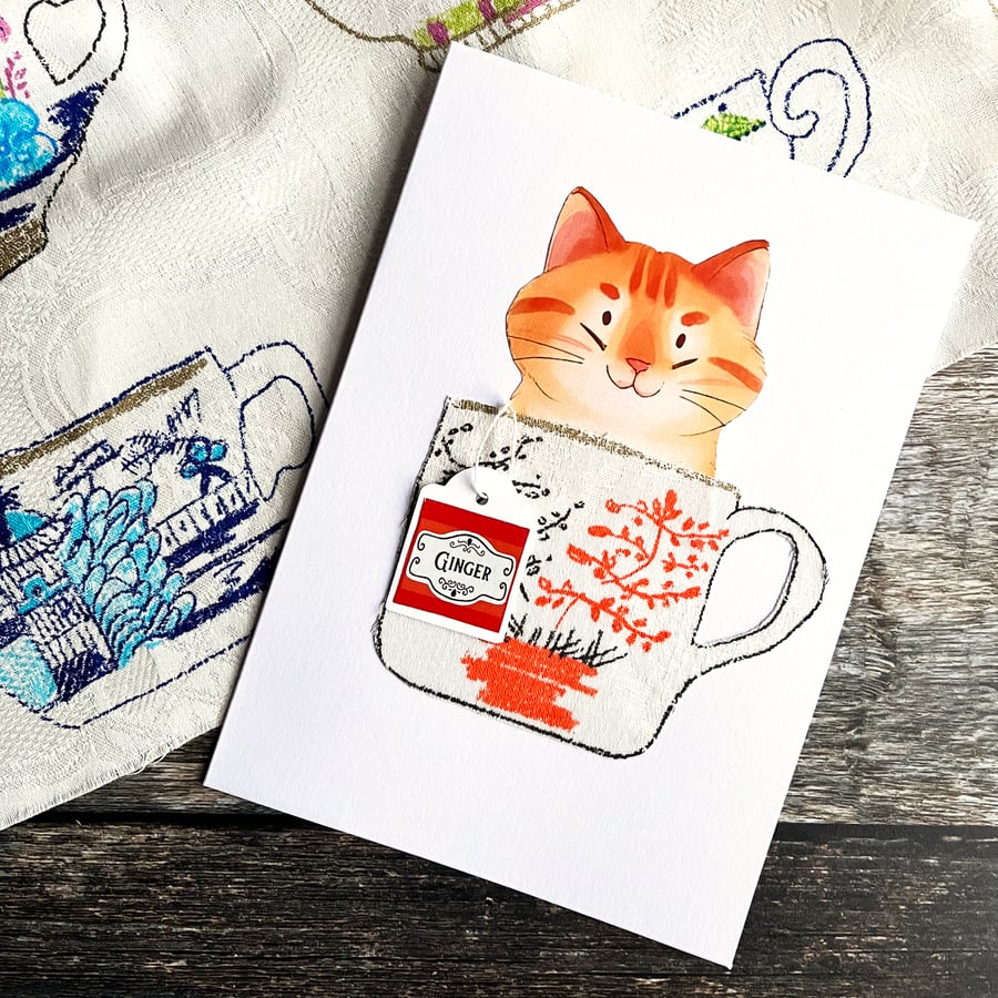 Ginger tabby cat handmade card, card for cat lover, cat in a cup