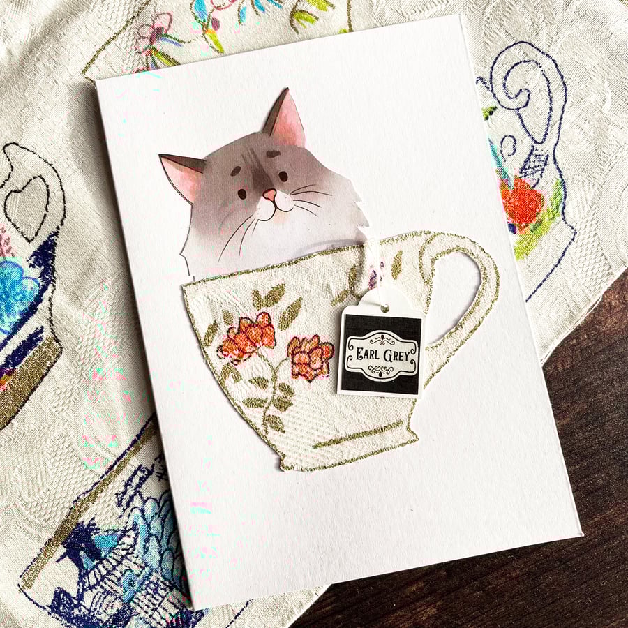 Grey long-haired cat, handmade cat card, card for cat lover, cat in a cup