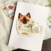 Siamese cat, handmade cat card, card for cat lover, cat in a cup