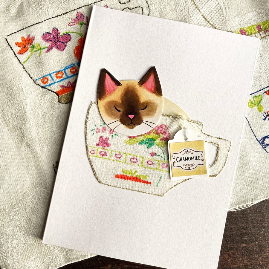 Siamese cat, handmade cat card, card for cat lover, cat in a cup