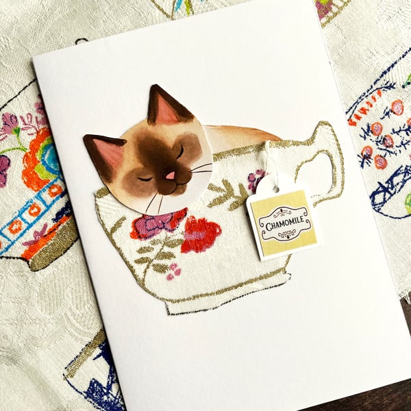 Siamese cat, handmade cat card, card for cat lover, cat in a cup