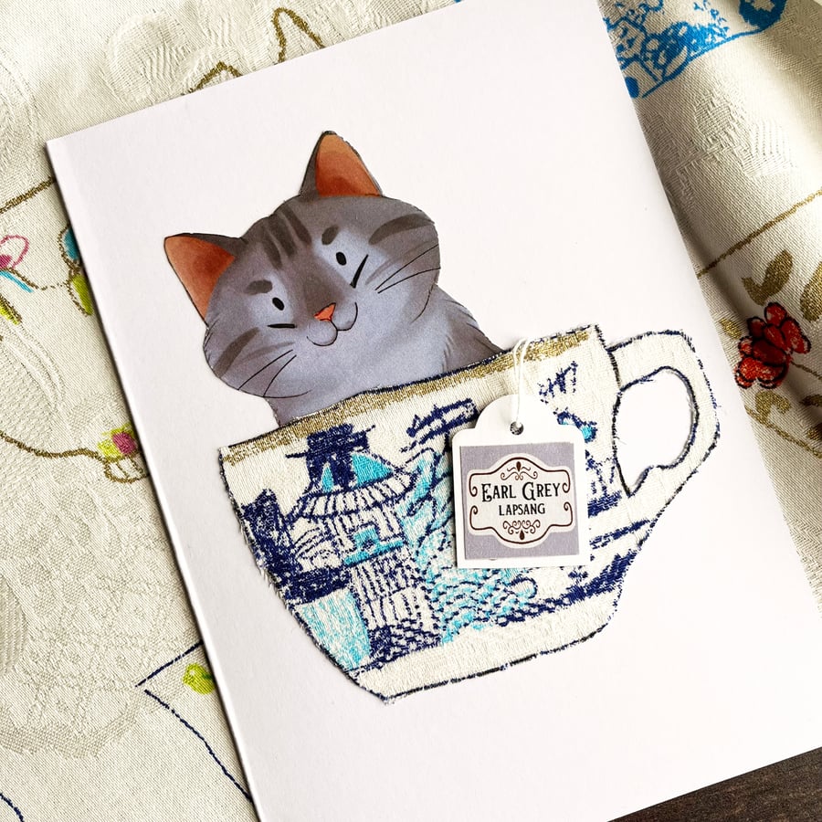 Grey tabby cat, handmade cat card, card for cat lover, cat in a cup