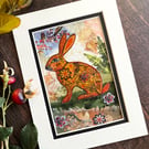 Mixed media collage, boho rabbit, gift for rabbit lover, rabbit picture