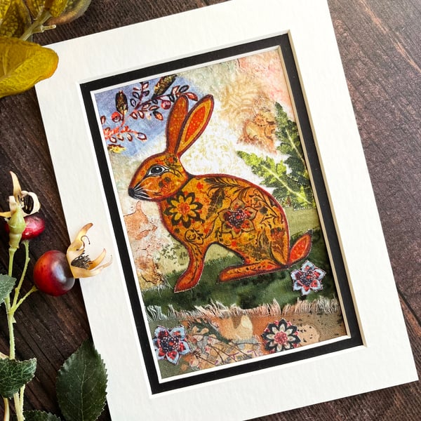 Mixed media collage, boho rabbit, gift for rabbit lover, rabbit picture