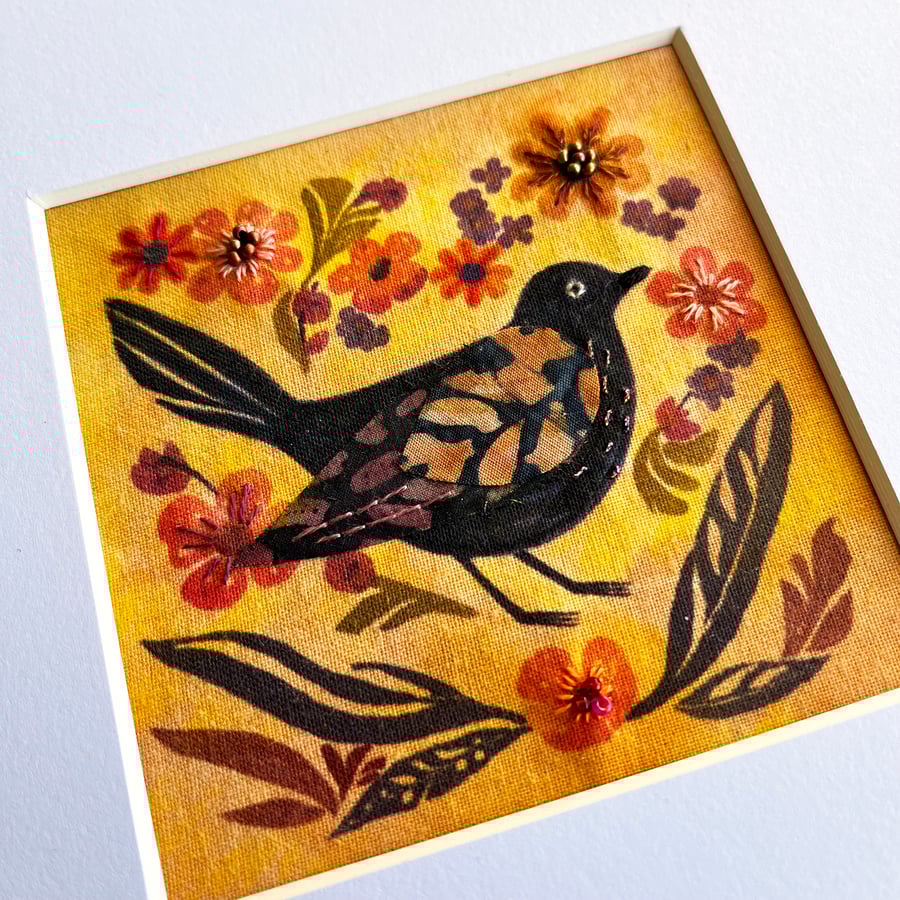 Textile picture of folk bird, gift for bird lover, fabric art