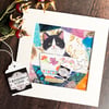 Cat in a cup textile artwork, gift for cat lover, tuxedo cat, cat art, funny cat