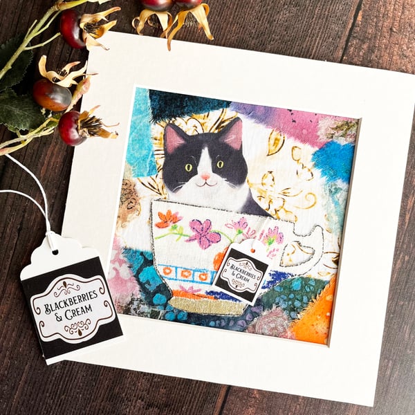 Cat in a cup textile artwork, gift for cat lover, tuxedo cat, cat art, funny cat